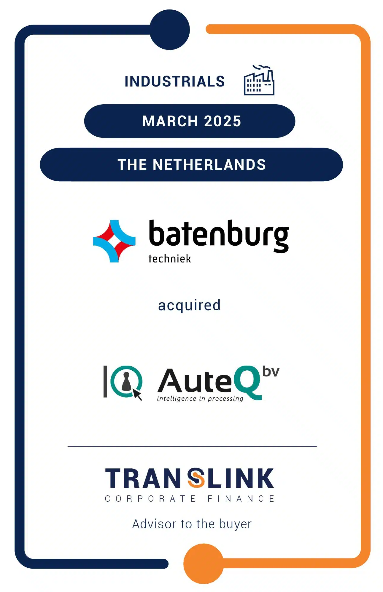 Translink Corporate Finance acted as the advisor to Batenburg Techniek on its acquisition of AuteQ