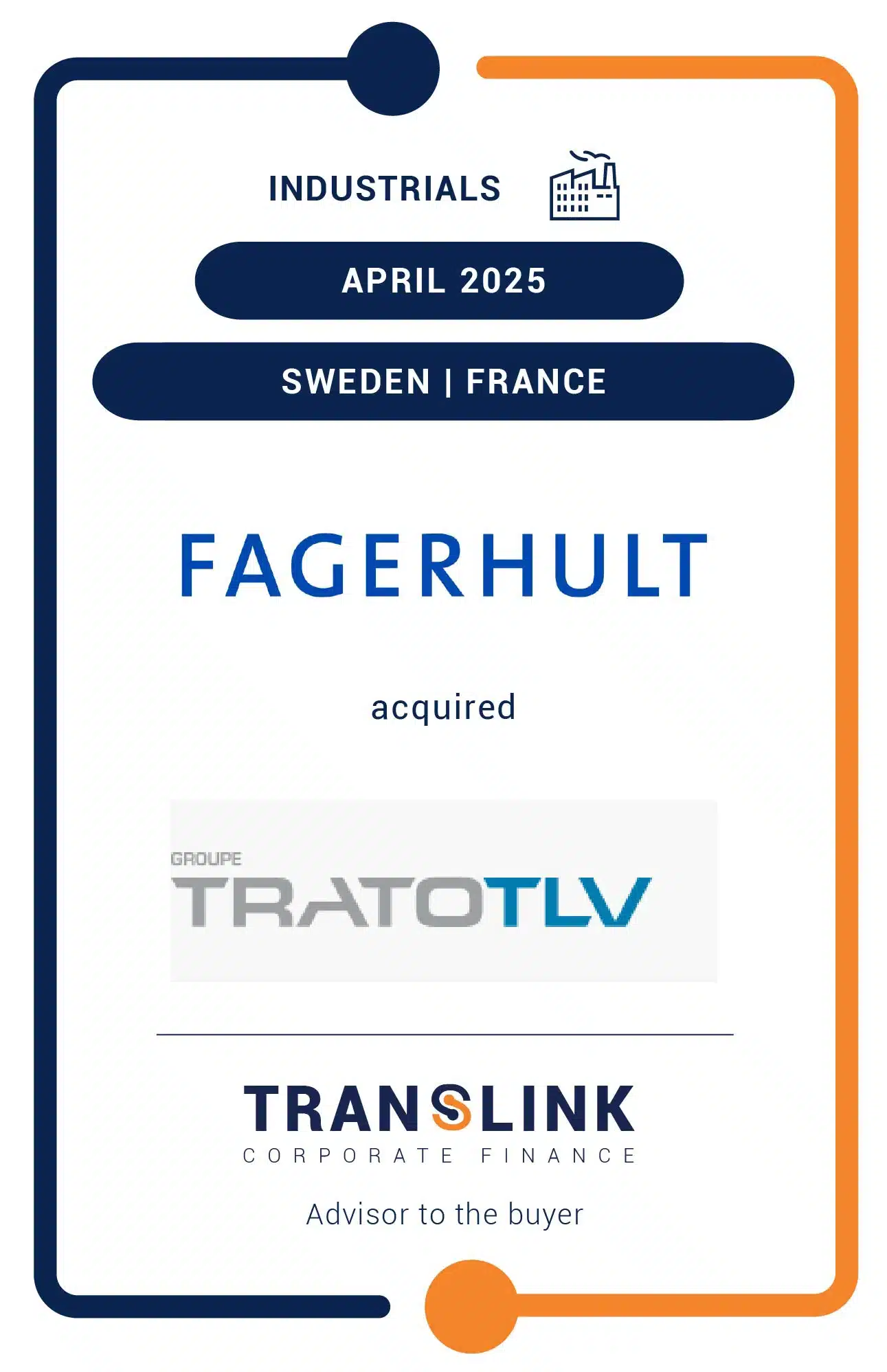Translink Corporate Finance acted as the advisor to Fagerhult Group on the acquisition of Trato TLV Group
