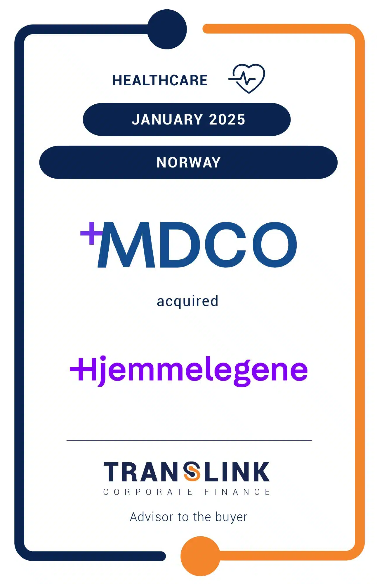Translink Corporate Finance acted as exclusive advisor to MDCO on the acquisition of Hjemmelegene