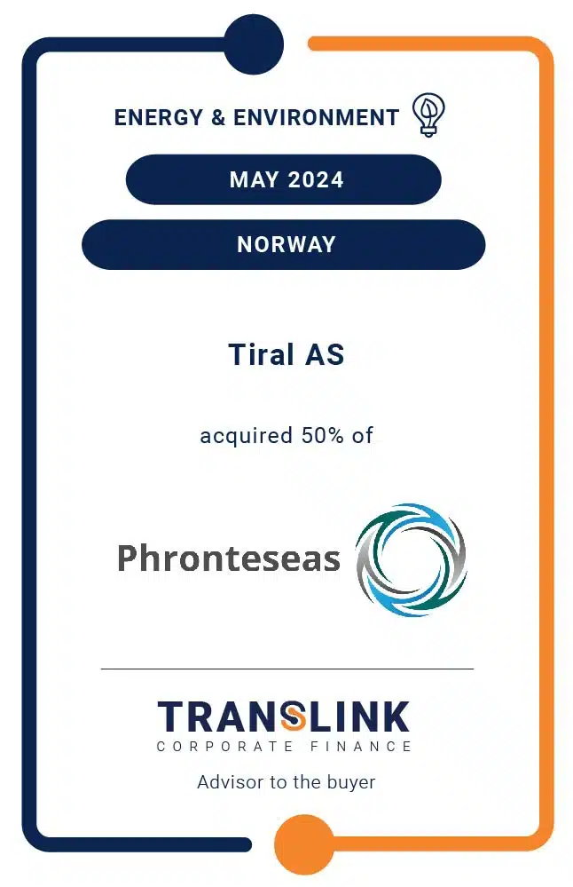 Translink Corporate Finance acted as the advisor to Tiral AS on its acquisition of 50% of the shares in Phronteseas AS